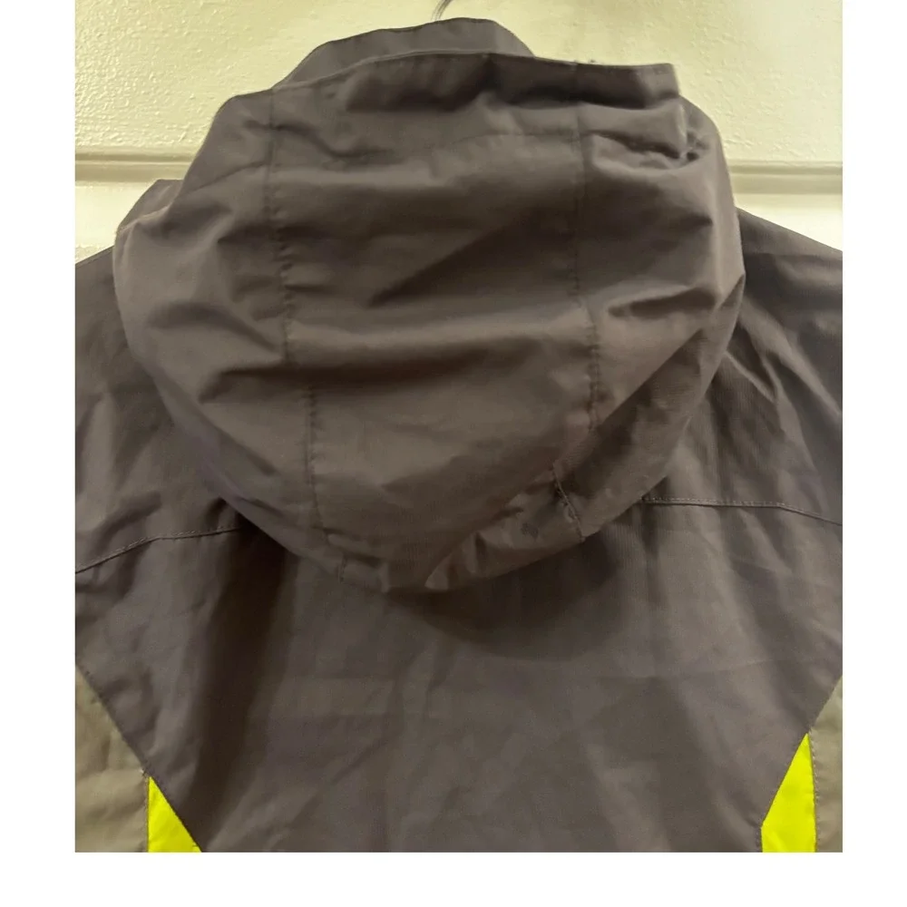 LL Bean Kids Rain Jacket Gray Lime Green Hooded Full Zip Coat Reflective SZ 5-6